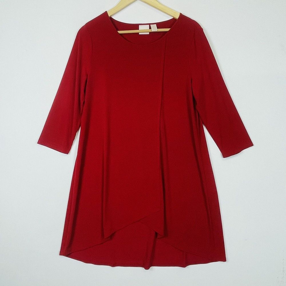Chicos Tunic Top Womens 1 Medium Red Slinky Stretch 3/4 Sleeve Faux Wrap Travel